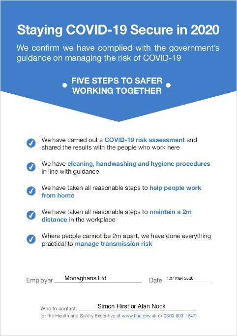 Monaghans Staying Covid 19 Secure Poster 482x681